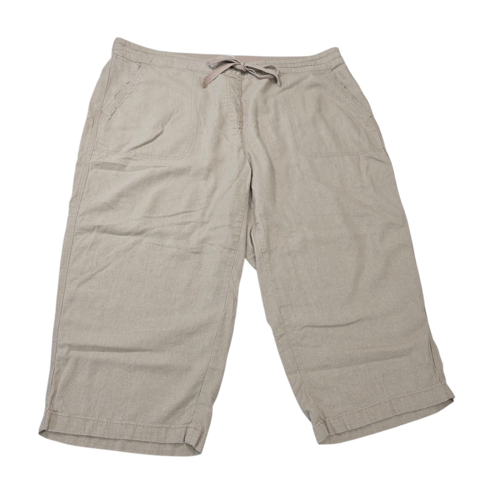 Per Se Capri Pants 1X Beige Linen Blend Drawstring Coastal Crop Pockets Culottes